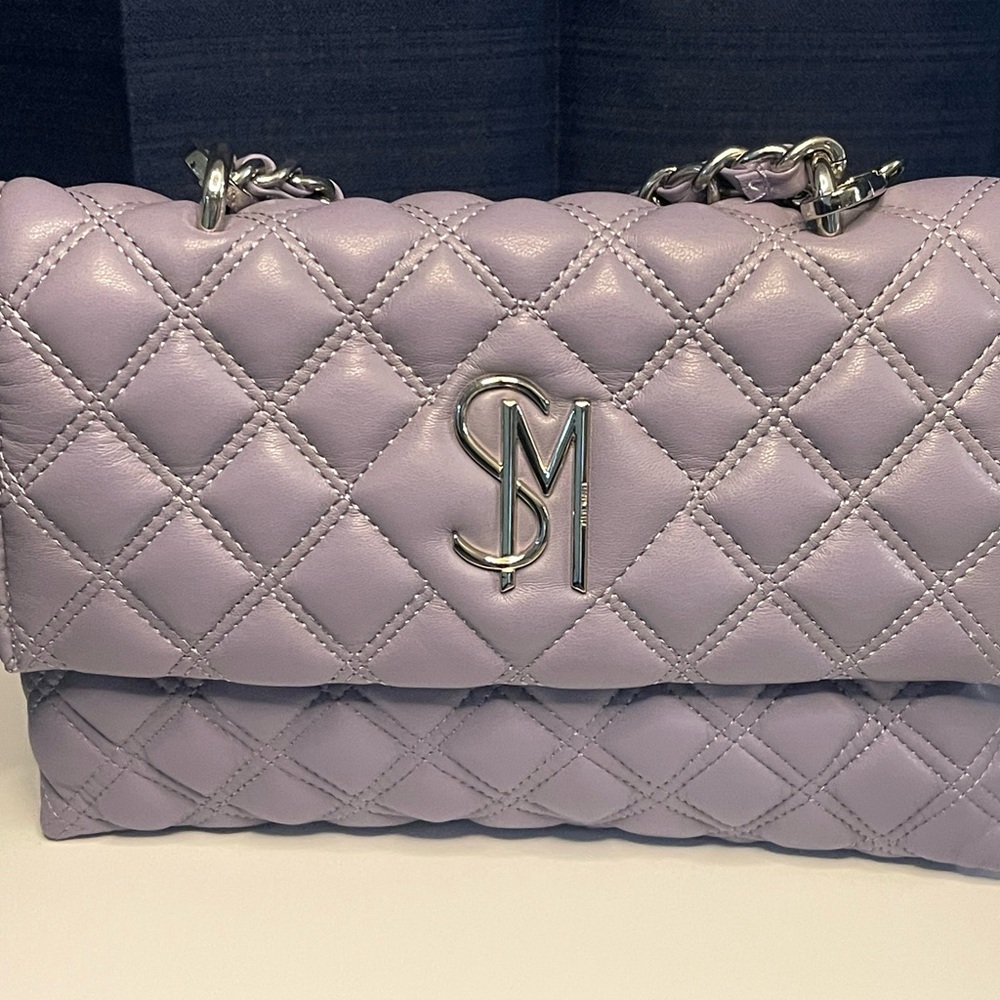 #520-Steve Madden Purple BEZRA Clutch. Lavender Quilted Chain Shoulder Bag.